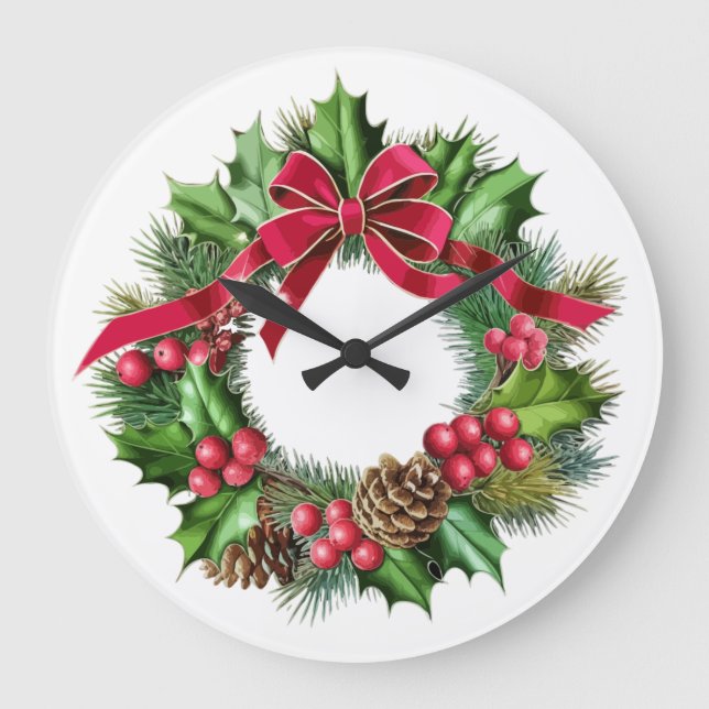 Relógio Grande Grinalda de Natal Elegante com Laço Vermelho, Azev (Frente)