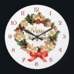 Relógio Grande Grinalda do vintage e caligrafia do Feliz Natal<br><div class="desc">A grinalda floral do feriado do vintage com arco e costume numerou o seletor com cumprimento da caligrafia do "Feliz Natal" do inclinação do ouro.</div>
