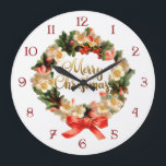 Relógio Grande Grinalda do vintage e caligrafia do Feliz Natal<br><div class="desc">A grinalda floral do feriado do vintage com arco e costume numerou o seletor com cumprimento da caligrafia do "Feliz Natal" do inclinação do ouro.</div>