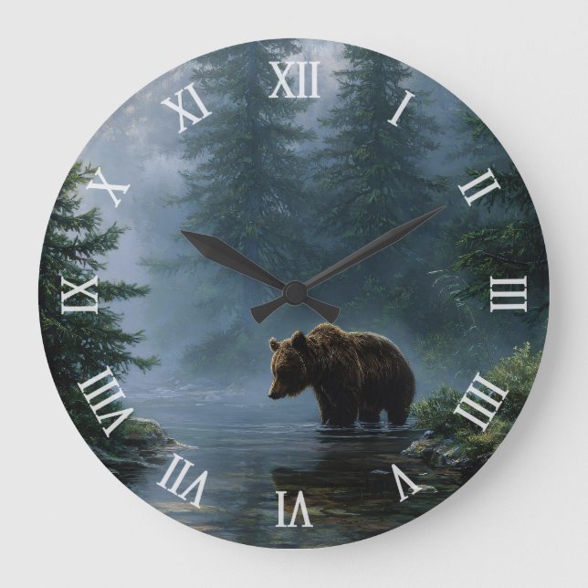 Relógio Grande Grizzly Bear Misty Forest (Frente)