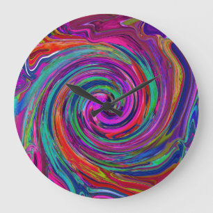 Relógio Grande Groovy Abstrato Retro Magenta Dark Rainbow Swirl