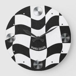 Relógio Grande Groovy Ondulado Xadrez Preto e Branco