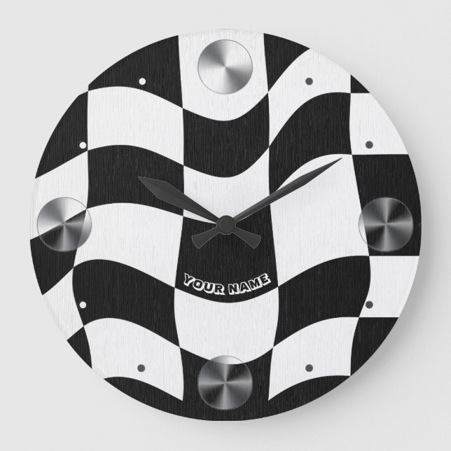 Relógio Grande Groovy Ondulado Xadrez Preto e Branco (Frente)