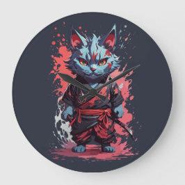 Relógio Grande Guerreiro Ninja Gato Cinza Aquarela Legal