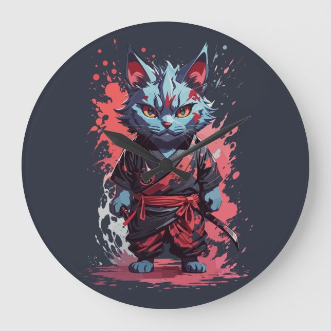 Relógio Grande Guerreiro Ninja Gato Cinza Aquarela Legal (Frente)