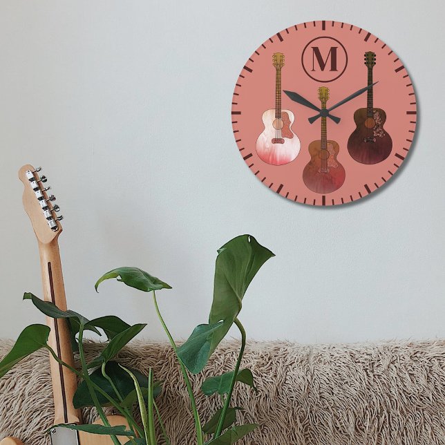 Relógio Grande guitarras acústicas personalizadas Russo (Rustic acoustic guitar monogram initial brown wall clock country music style illustration )
