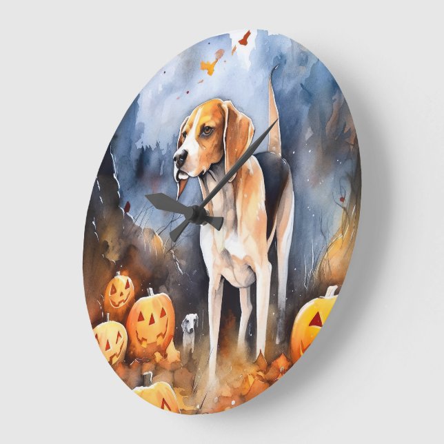 Relógio Grande Halloween American English Foxhound Com Pumpkins (Ângulo)