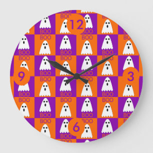 Relógio Grande Halloween Boo Ghost Purple e Orange Squares