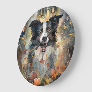 Relógio Grande Halloween Border Collie Com Pumpkins Assustado