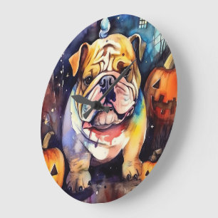 Relógio Grande Halloween Bulldog Com Pumpkins Assustado