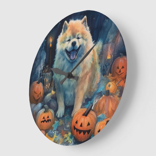 Relógio Grande Halloween Chow Chow Com Pumpkins Assustado (Ângulo)