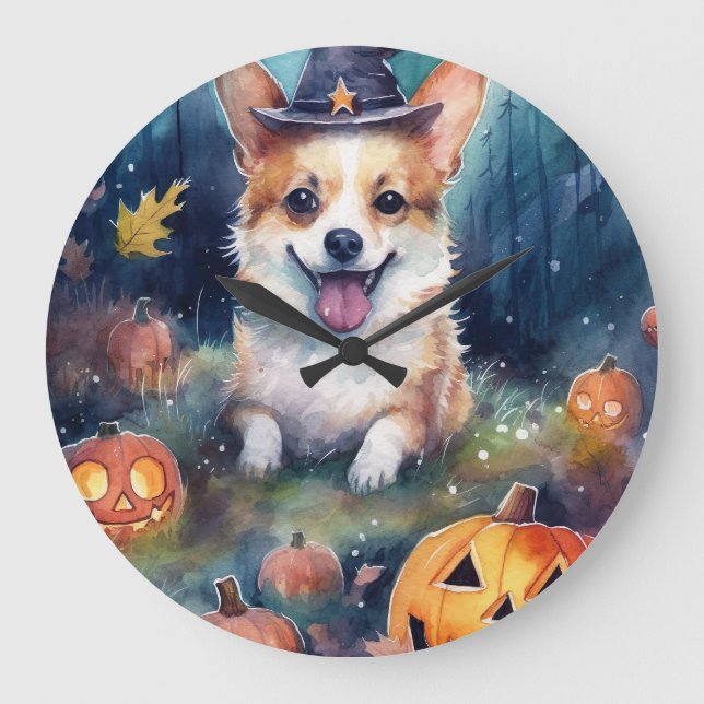 Relógio Grande Halloween Corgi Com Pumpkins Assustado (Frente)