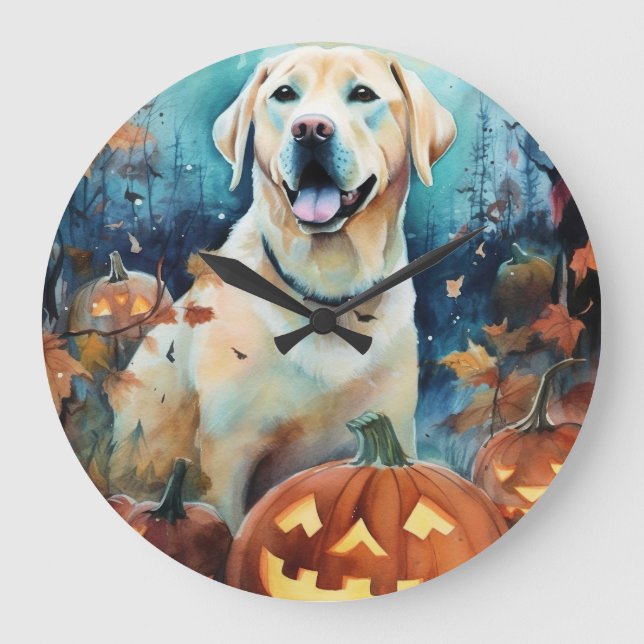 Relógio Grande Halloween Labrador Com Pumpkins Assustado (Frente)