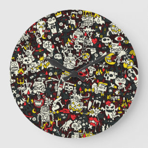 Relógio Grande Halloween Mini Doodle Vintage Patterno