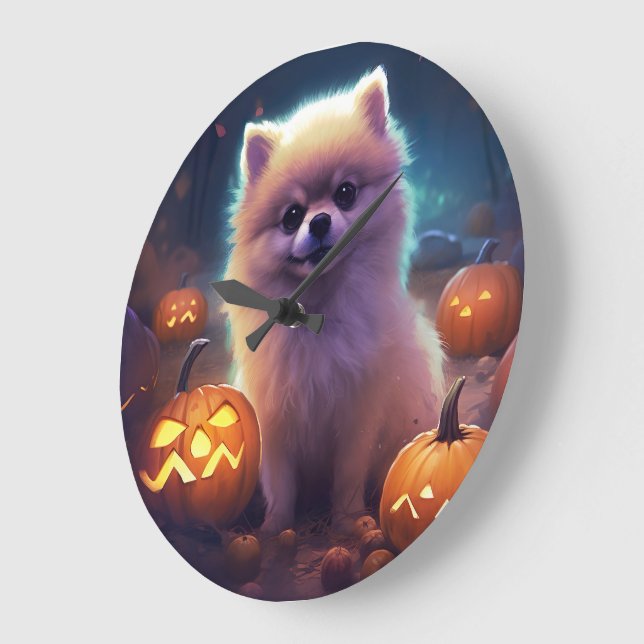Relógio Grande Halloween Pomeranian Com Pumpkins Assustado (Ângulo)