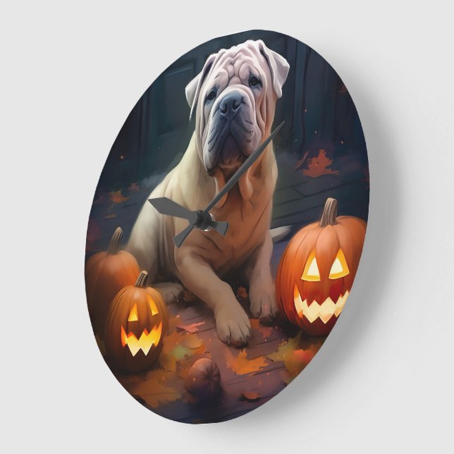 Relógio Grande Halloween Shar Pei Com Pumpkins Assustado (Ângulo)