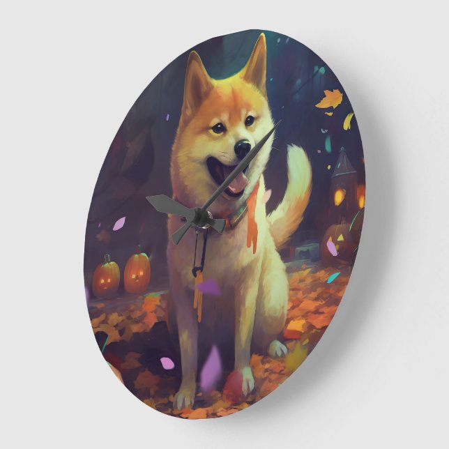 Relógio Grande Halloween Shiba Inu Com Pumpkins Assustado (Ângulo)