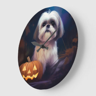 Relógio Grande Halloween Shih Tzu Com Pumpkins Assustado