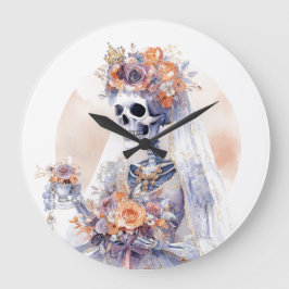 Relógio Grande Halloween Watercolor Skeleton Wall Clock
