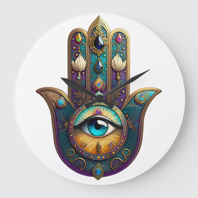 Relógio Grande Hamsa Violeta Dourado Turquesa c/ Terceiro Olho Tu (Frente)