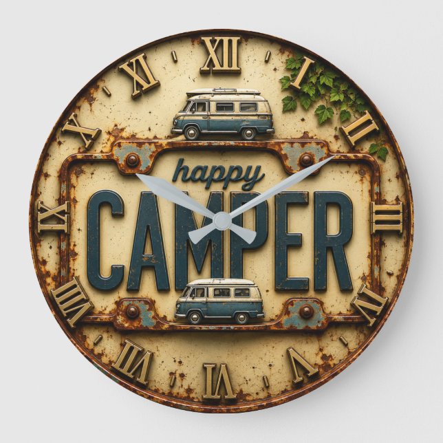 Relógio Grande Happy Camper RV Adventure Gift Rustic Cabin (Frente)