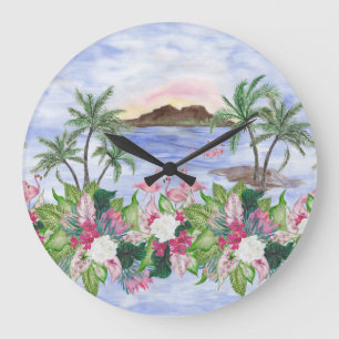 Relógio Grande Hawaiian Bliss: Padrão Tropical de Aquarela