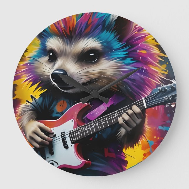 Relógio Grande Hedgehog toca guitarra, grafite de rock (Frente)