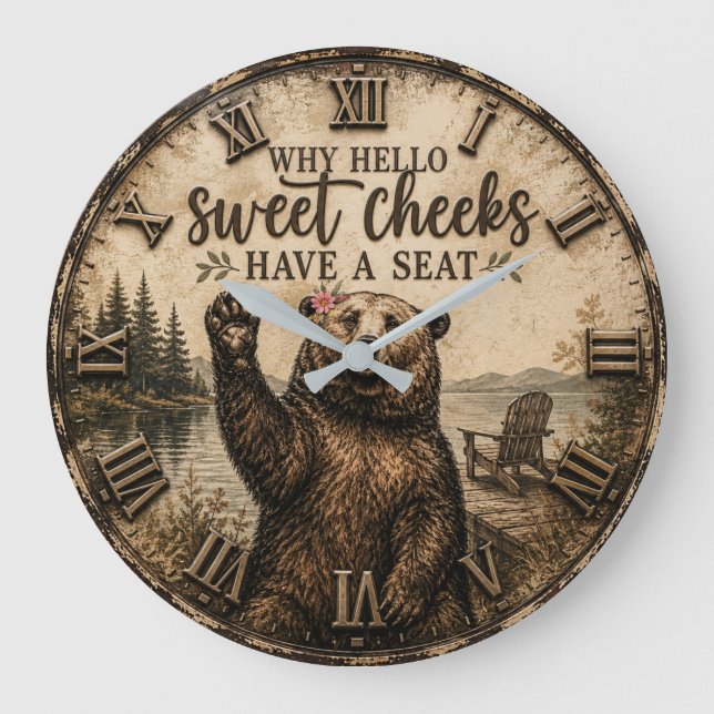 Relógio Grande Hello Sweet Cheeks Rustic Bear Funny Lake Cabin (Frente)