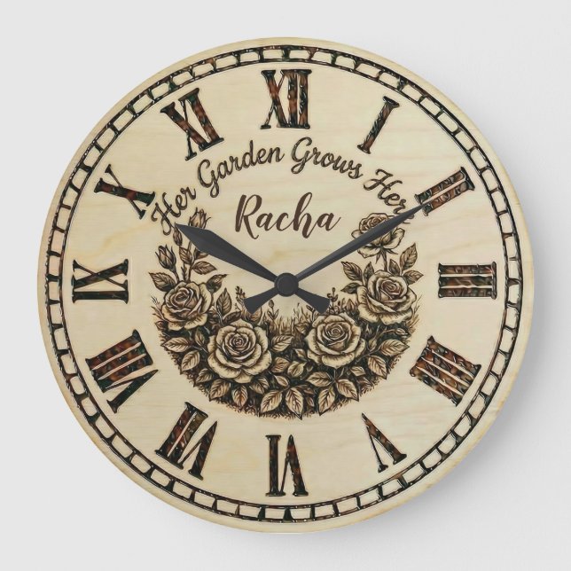 Relógio Grande Her Garden Grows Here | Custom Name wall clock  (Frente)