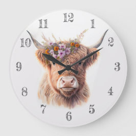 Relógio Grande Highland Cow with Floral Crown Watercolor Illustra
