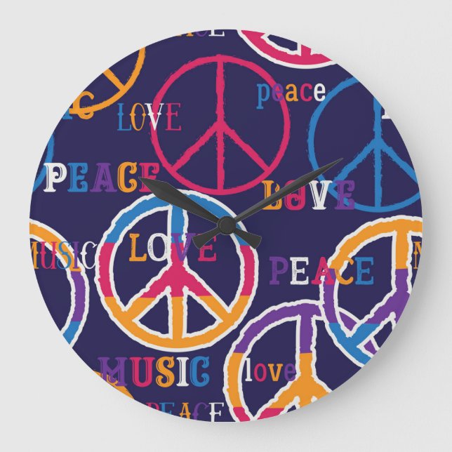 Relógio Grande Hippie Peace: Design de símbolos vibrantes. (Frente)