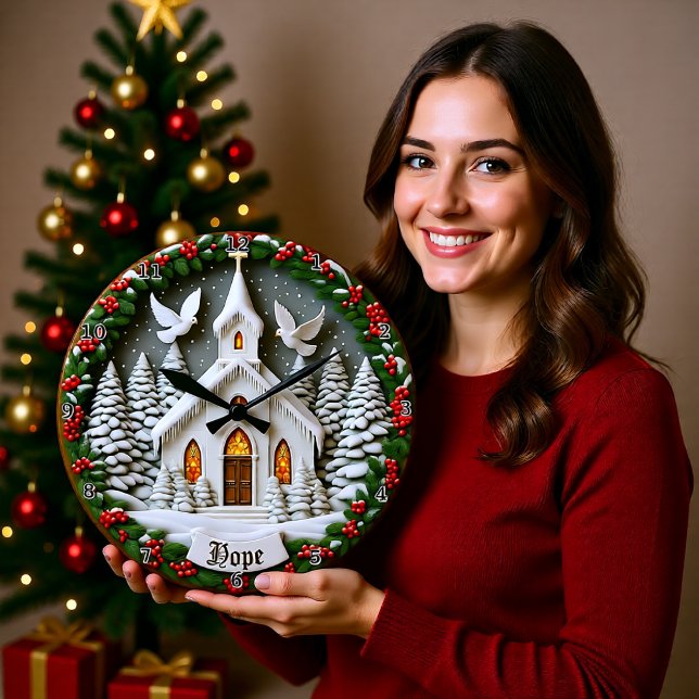 Relógio Grande Hope White Church Snow Doves (Criador carregado)