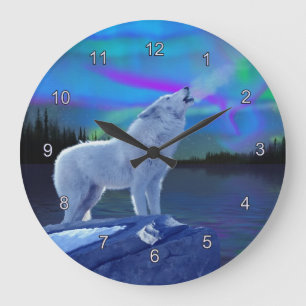 Relógio Grande Howling Wolf & Aurora Wildlife Art Clock