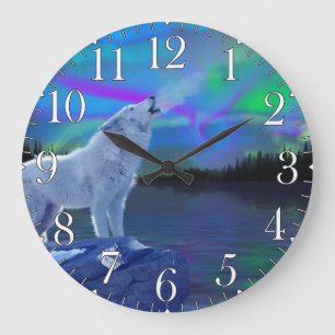 Relógio Grande Howling Wolf & Aurora Wildlife Art Clock