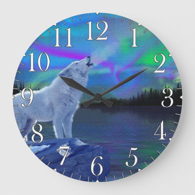 Relógio Grande Howling Wolf & Aurora Wildlife Art Clock (Frente)