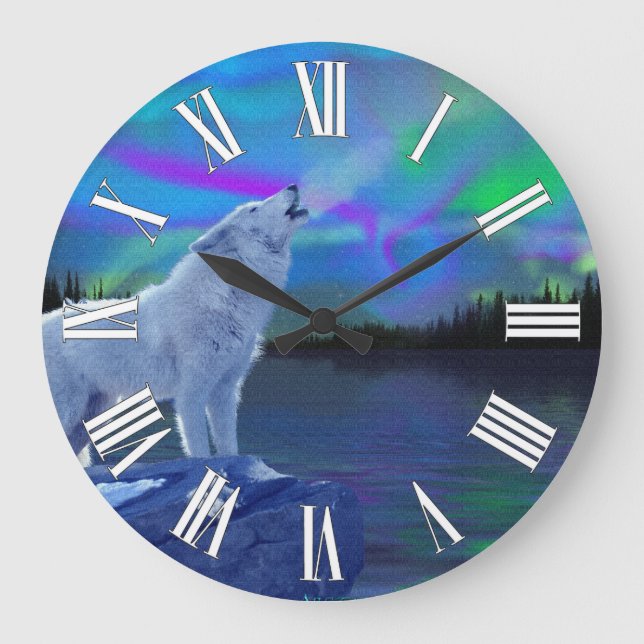 Relógio Grande Howling Wolf & Aurora Wildlife Art Clock (Frente)