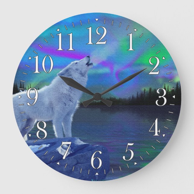 Relógio Grande Howling Wolf & Aurora Wildlife Art Clock (Frente)