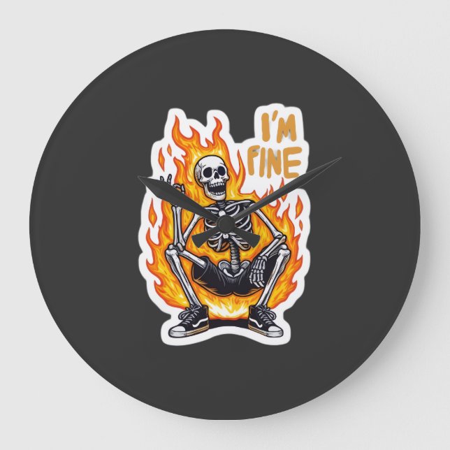 Relógio Grande I’m Fine Skeleton on Fire Funny Sticker Illustrati (Frente)