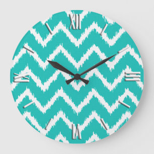 Relógio Grande Ikat Chevrons - Turquesa e branca