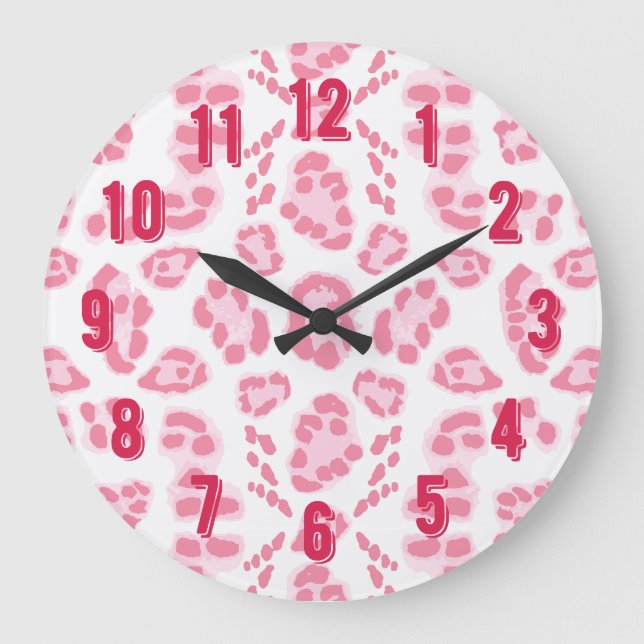 Relógio Grande Ikat de leopardo em rosa (Frente)