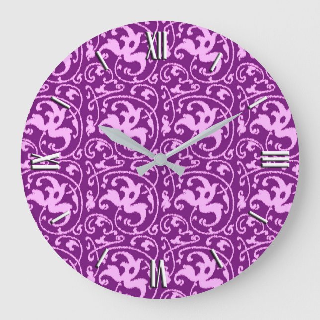 Relógio Grande Ikat Floral Damask - Orquídea e Roxo (Frente)