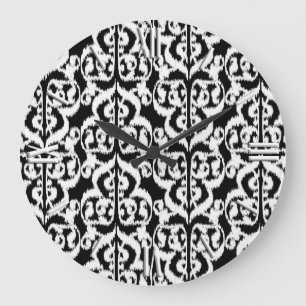 Relógio Grande Ikat Moorish Damask - branco e preto