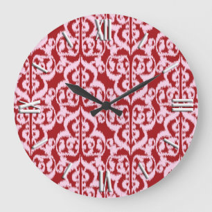 Relógio Grande Ikat Moorish Damask - vermelho escuro e rosa