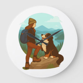 Relógio Grande Ilustração de Aventura de Menina e Cachorro de Mon