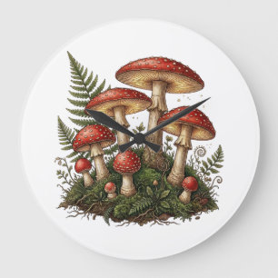 Relógio Grande Ilustração de Cogumelo Fly Agaric Vintage