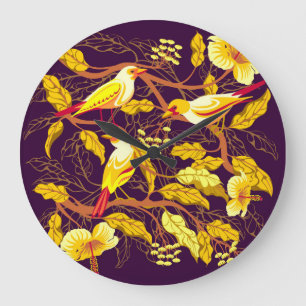 Relógio Grande Ilustração de Flores Exóticas de Aves Tropicais
