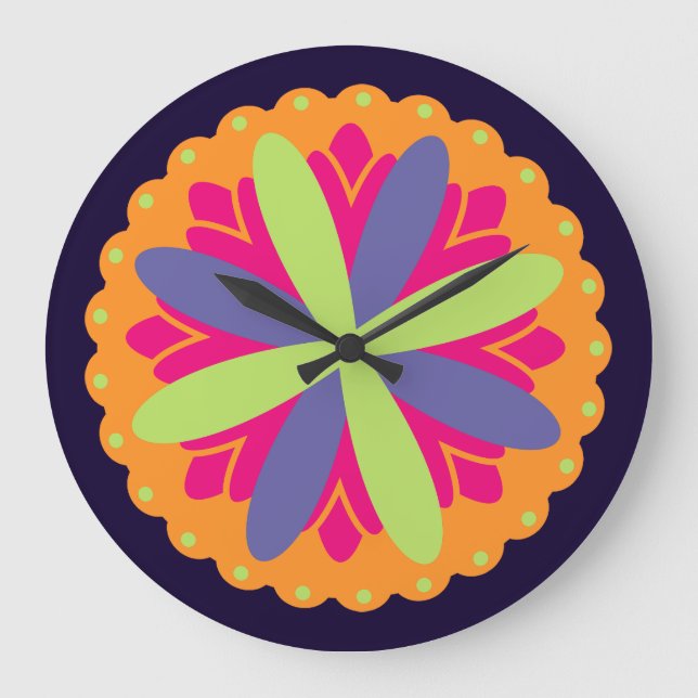 Relógio Grande ilustração de formas florais laranja (Frente)