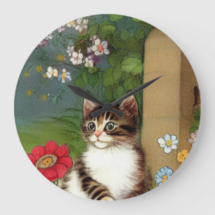 Relógio Grande Ilustração de Gato Vintage com Flores de Mola