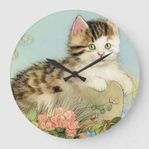 Relógio Grande Ilustração de Gato Vintage com Flores Rosa