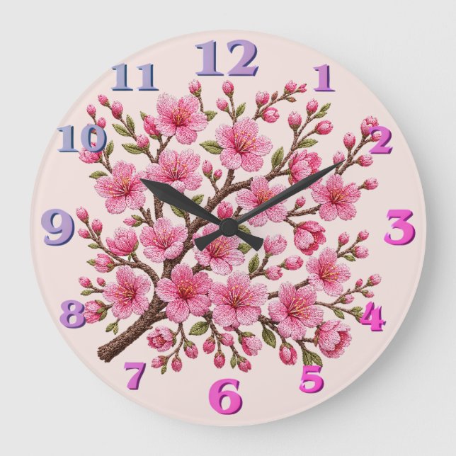 Relógio Grande Ilustração de Ramo de Sakura Bordado em Falso 3D (Frente)